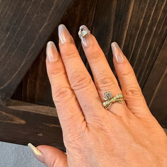 14K Gold Plated Ribbon Bow Diamond Charm Ring - Picture 8 of 9